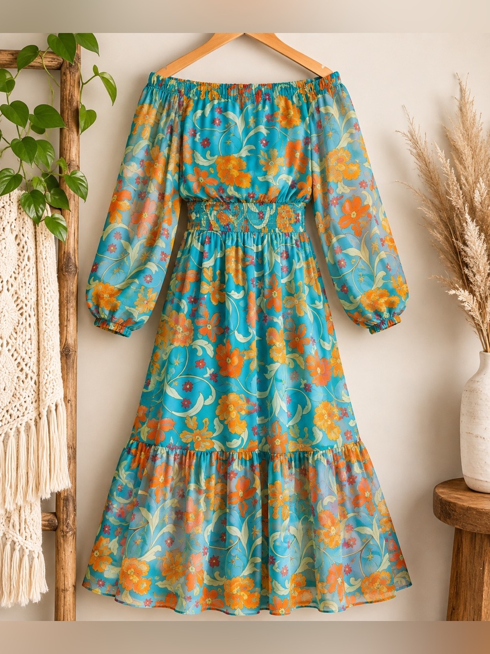 Sofia Vergara Blue Orange Floral Off Shoulder Midi Dress S